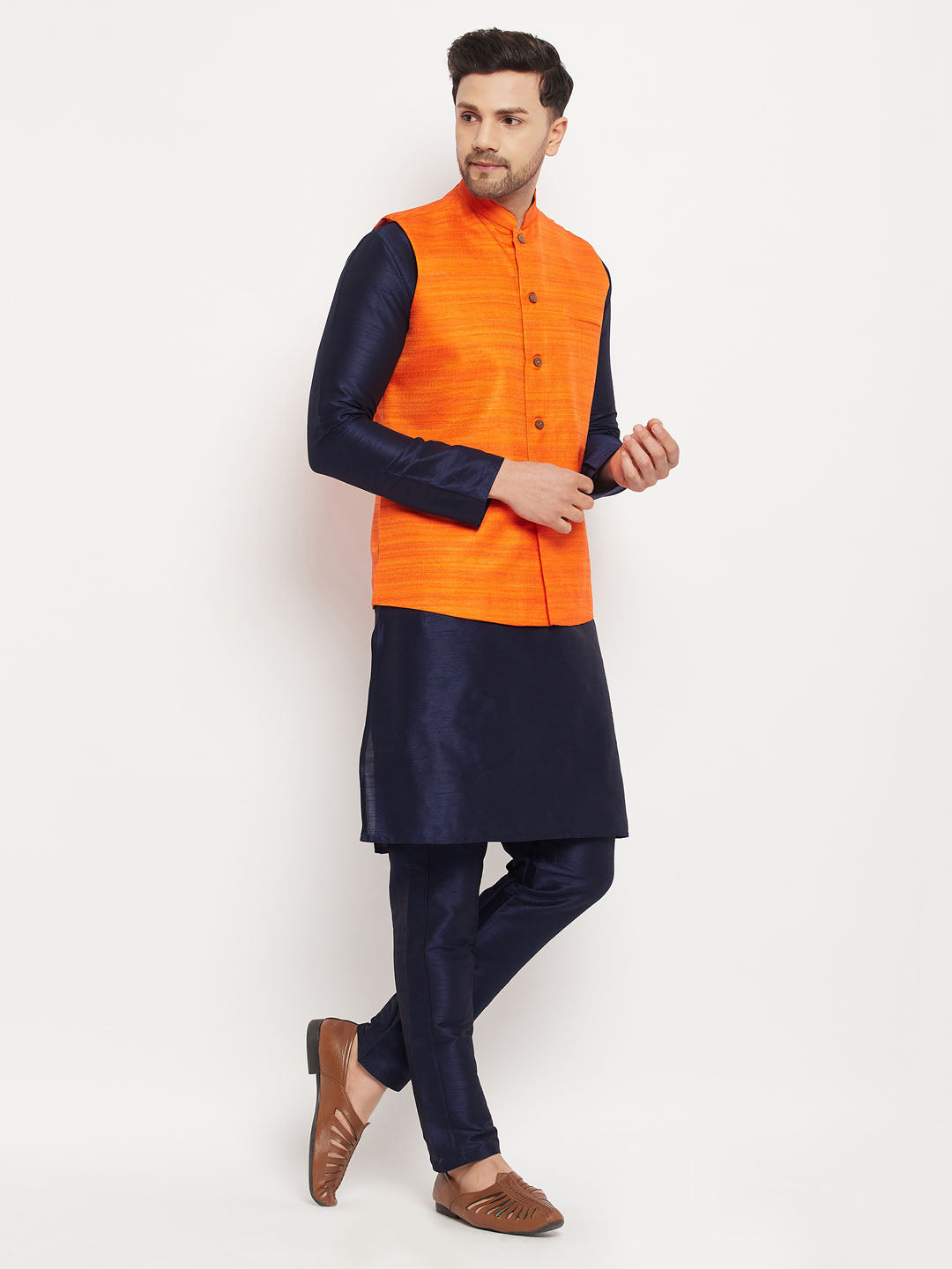 Sarvati Men's Orange Matka Silk Nehru Jacket With Navy Blue Silk Blend Kurta and Pant style Pyjama Set