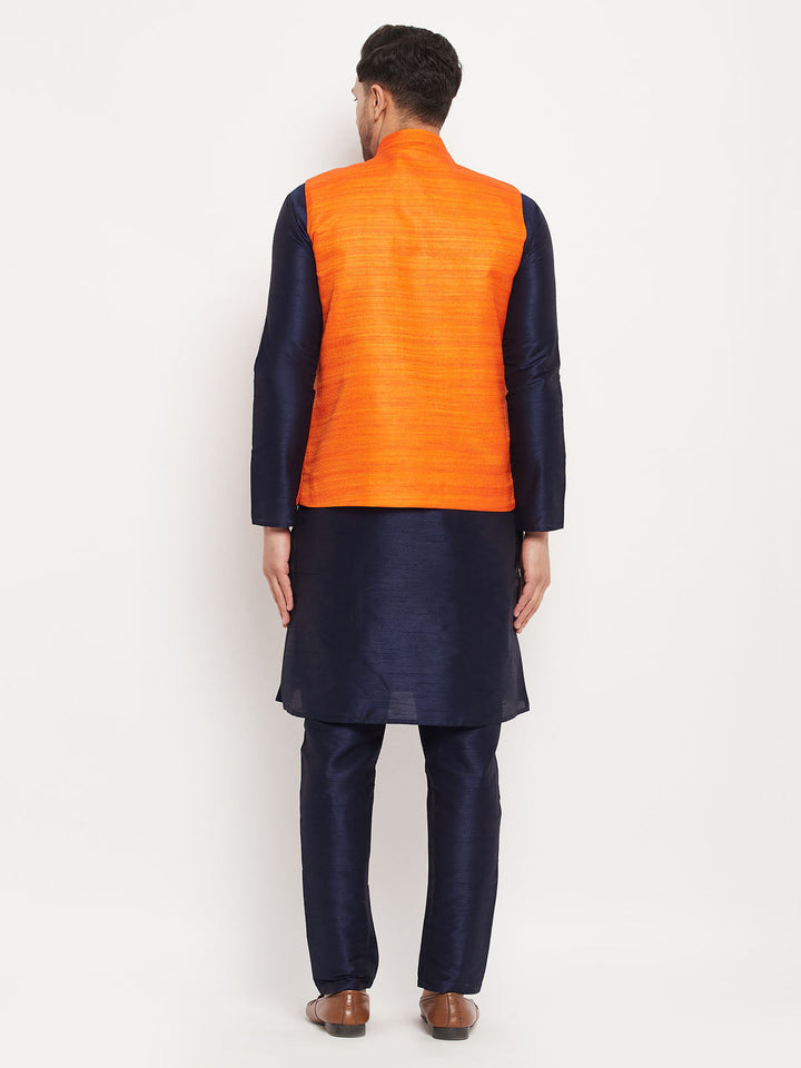 Sarvati Men's Orange Matka Silk Nehru Jacket With Navy Blue Silk Blend Kurta and Pant style Pyjama Set