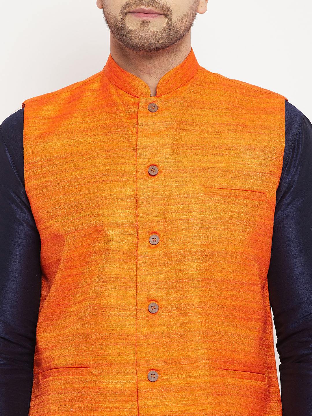 Sarvati Men's Orange Matka Silk Nehru Jacket With Navy Blue Silk Blend Kurta and Pant style Pyjama Set