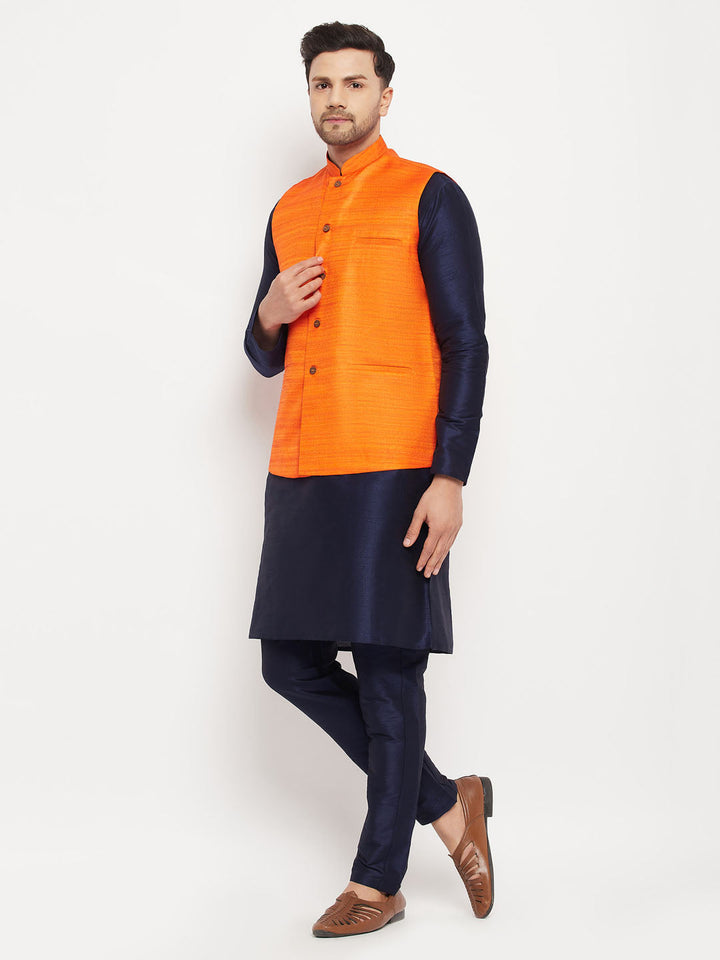 Sarvati Men's Orange Matka Silk Nehru Jacket With Navy Blue Silk Blend Kurta and Pant style Pyjama Set