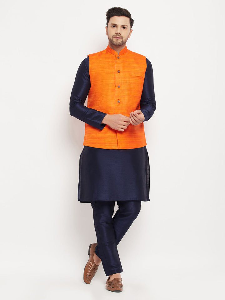 Sarvati Men's Orange Matka Silk Nehru Jacket With Navy Blue Silk Blend Kurta and Pant style Pyjama Set