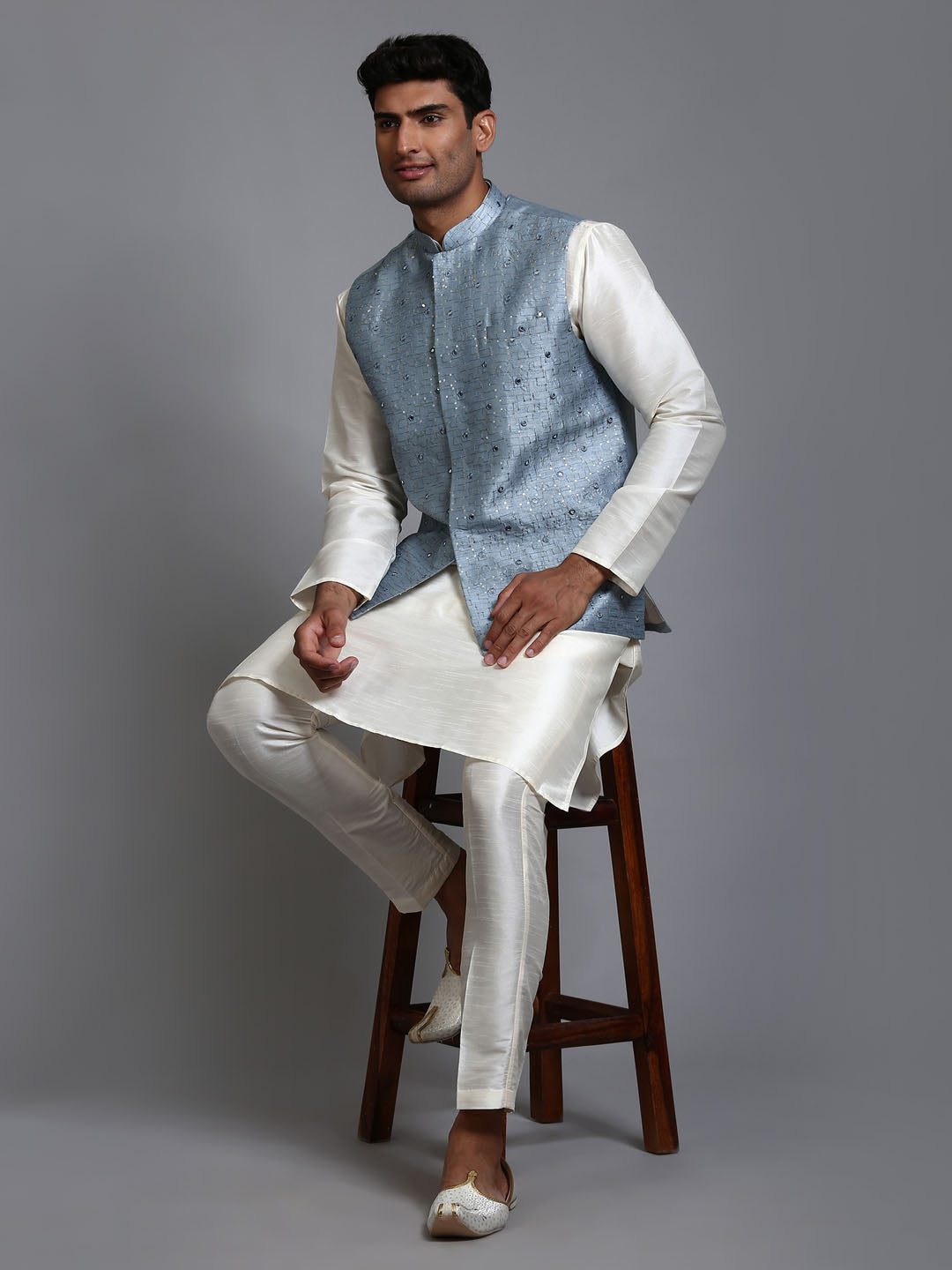 Sarvati Men's Grey Embellished Jacket with Cream Kurta Pant Set