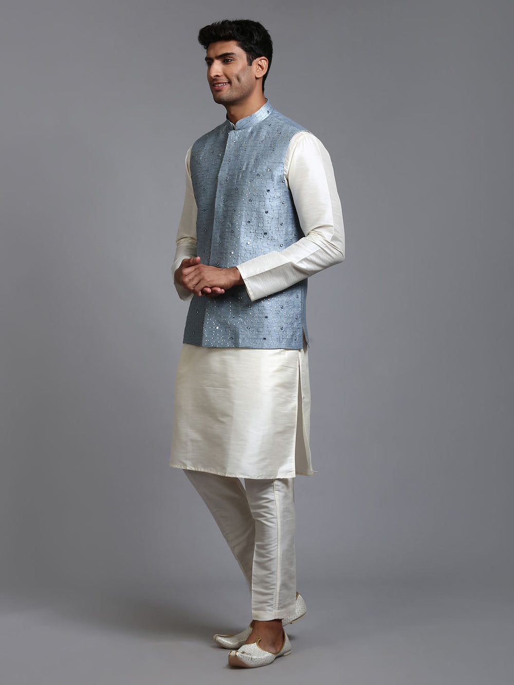 Sarvati Men's Grey Embellished Jacket with Cream Kurta Pant Set