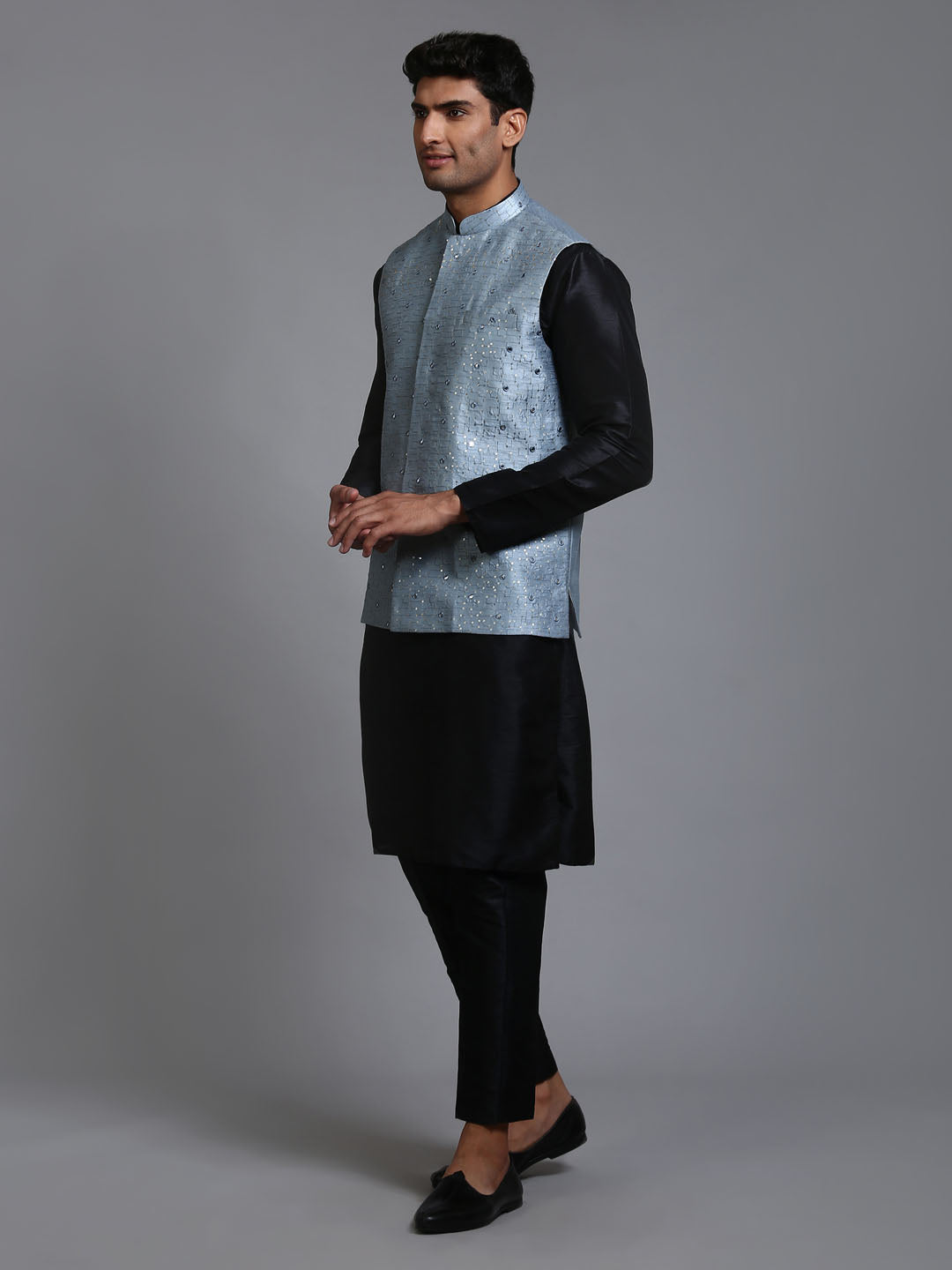 Sarvati Men's Grey Embellished Jacket with Black Kurta Pant Set