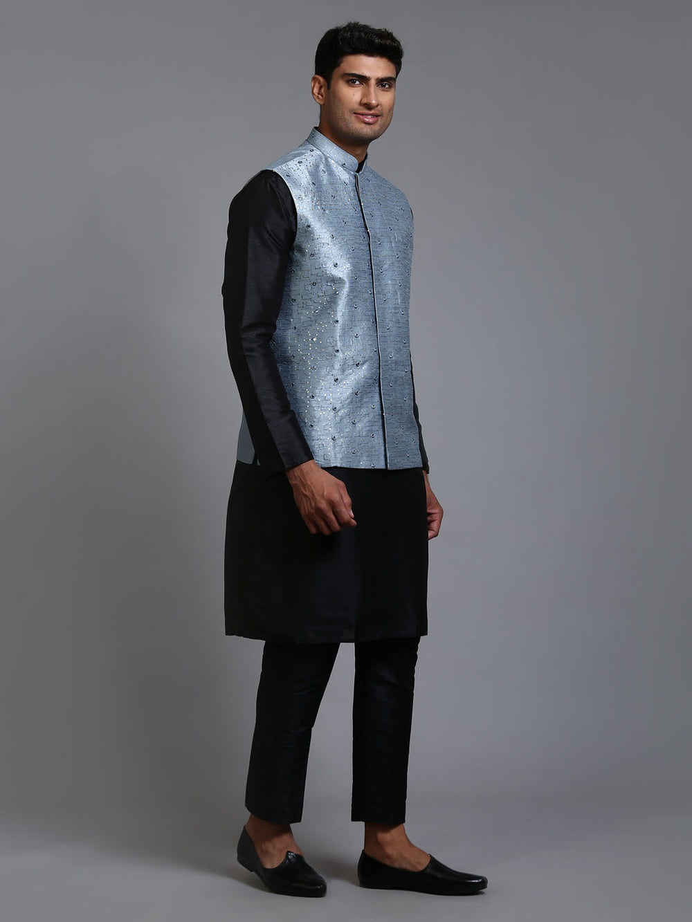 Sarvati Men's Grey Embellished Jacket with Black Kurta Pant Set