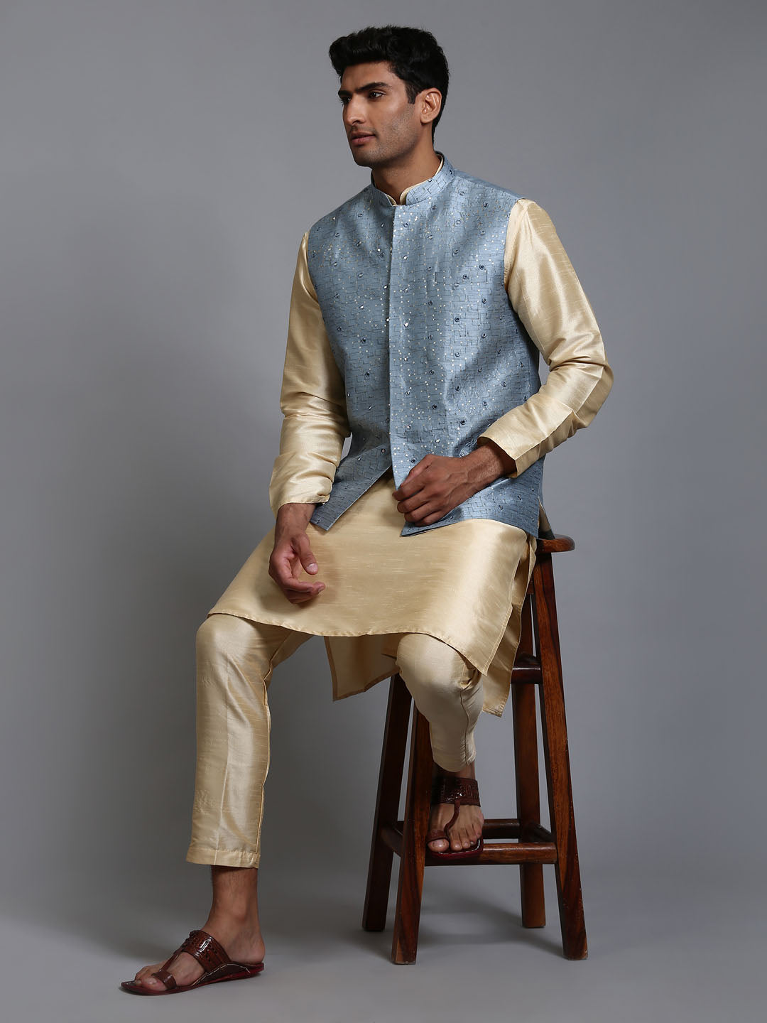 Sarvati Men's Grey Embellished Jacket with Gold Kurta Pant Set