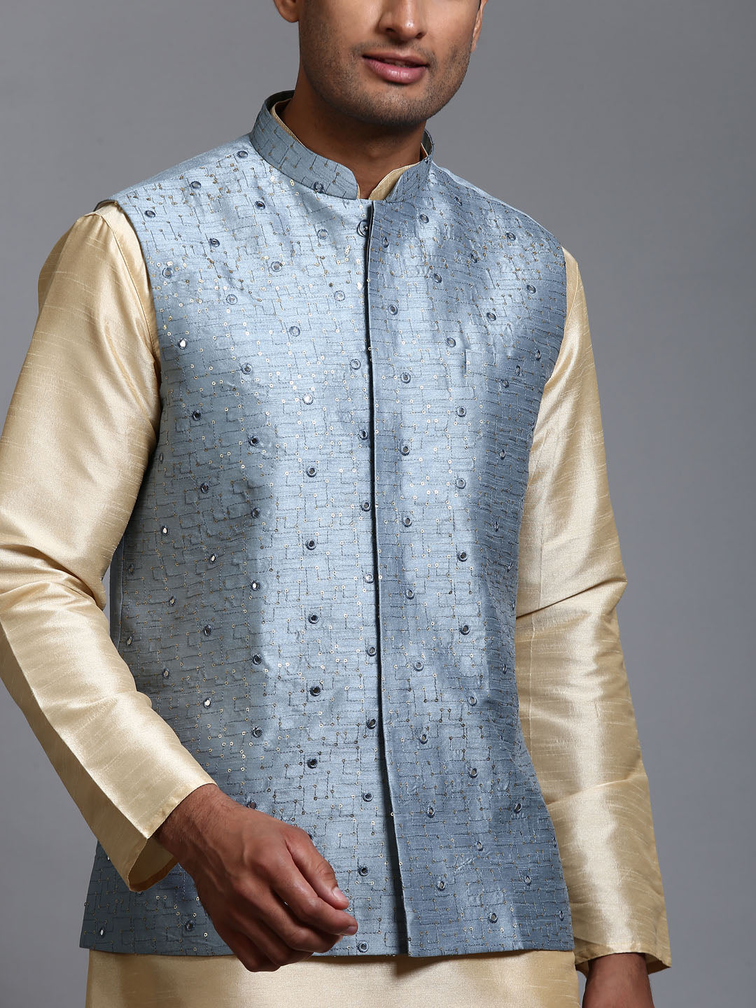 Sarvati Men's Grey Embellished Jacket with Gold Kurta Pant Set