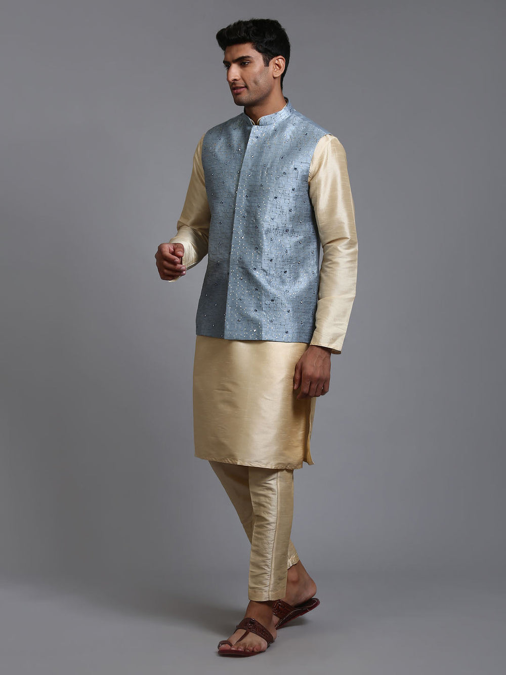 Sarvati Men's Grey Embellished Jacket with Gold Kurta Pant Set