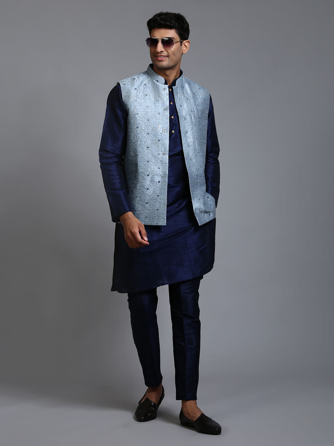 Sarvati Men's Grey Embellished Jacket with Navy Blue Kurta Pant Set