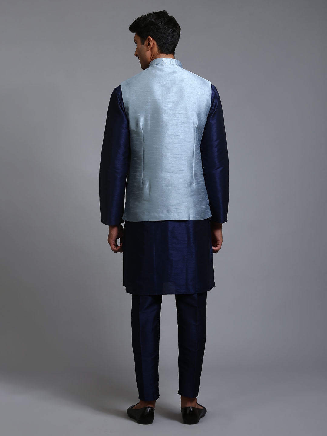 Sarvati Men's Grey Embellished Jacket with Navy Blue Kurta Pant Set