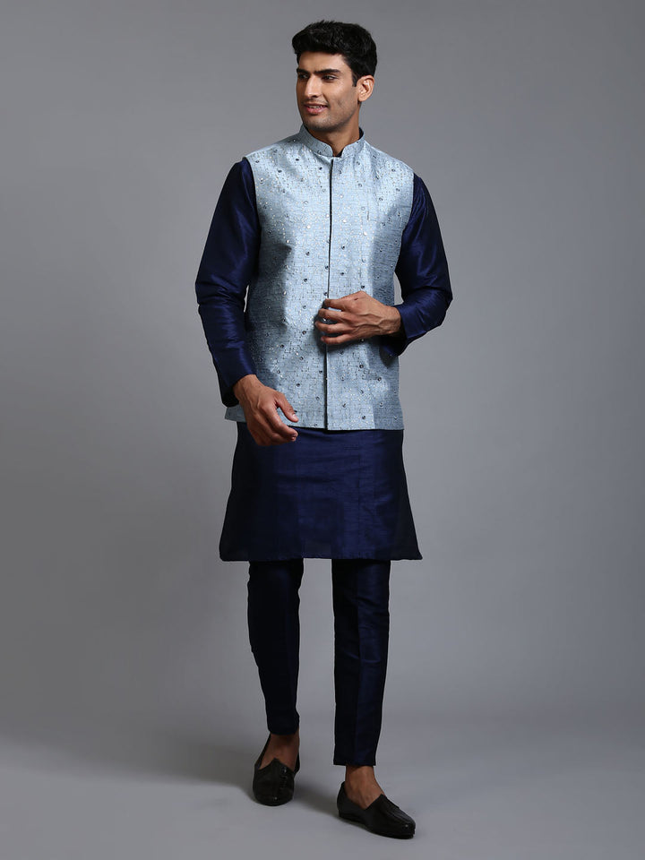 Sarvati Men's Grey Embellished Jacket with Navy Blue Kurta Pant Set