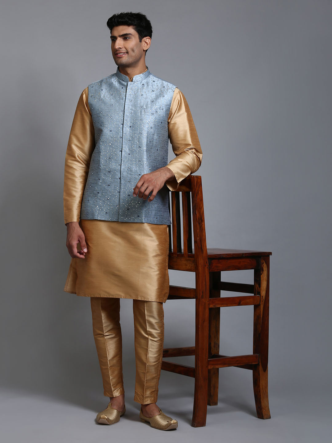 Sarvati Men's Grey Embellished Jacket with Rose Gold Kurta Pant Set