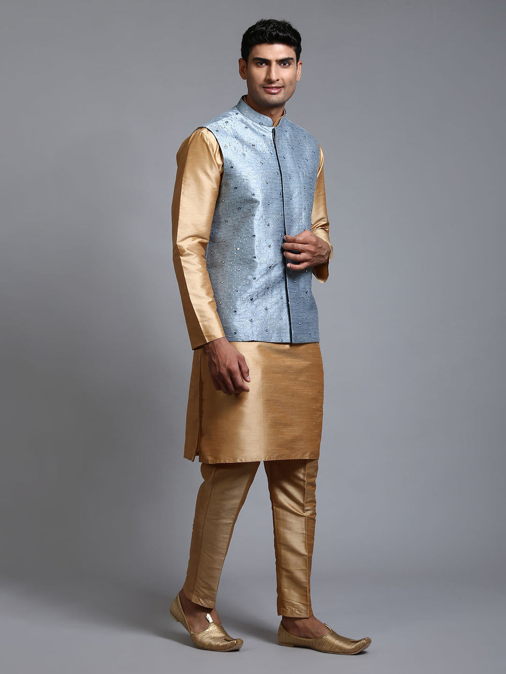 Sarvati Men's Grey Embellished Jacket with Rose Gold Kurta Pant Set