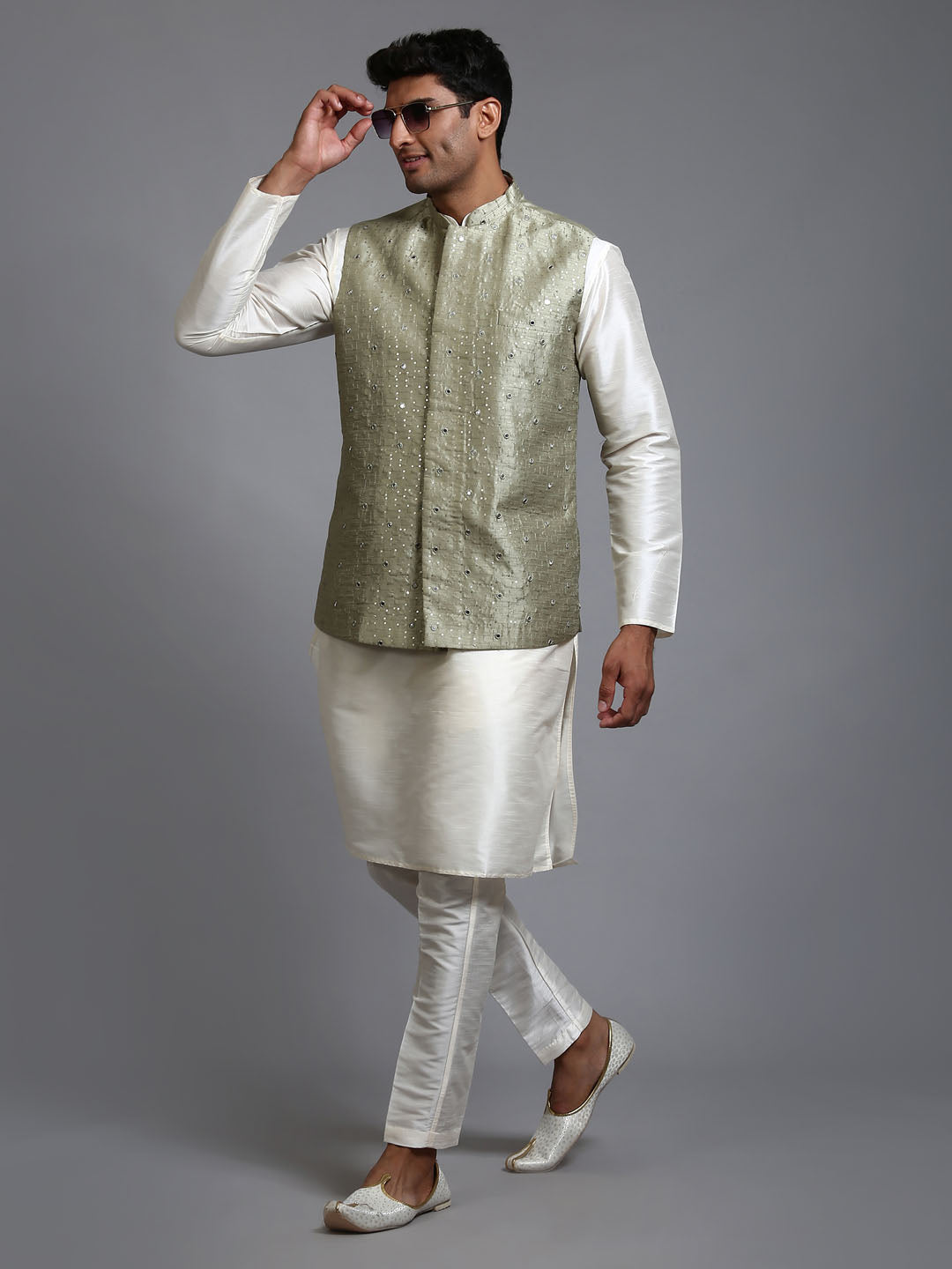 Sarvati Men's Mehndi Green Embellished Jacket with Cream Kurta Pant Set