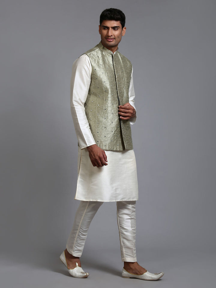 Sarvati Men's Mehndi Green Embellished Jacket with Cream Kurta Pant Set