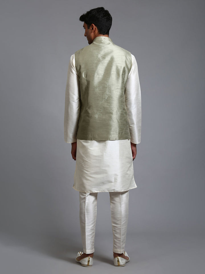 Sarvati Men's Mehndi Green Embellished Jacket with Cream Kurta Pant Set