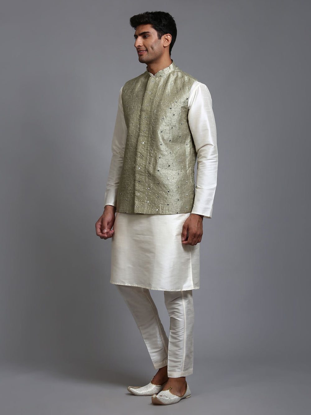 Sarvati Men's Mehndi Green Embellished Jacket with Cream Kurta Pant Set