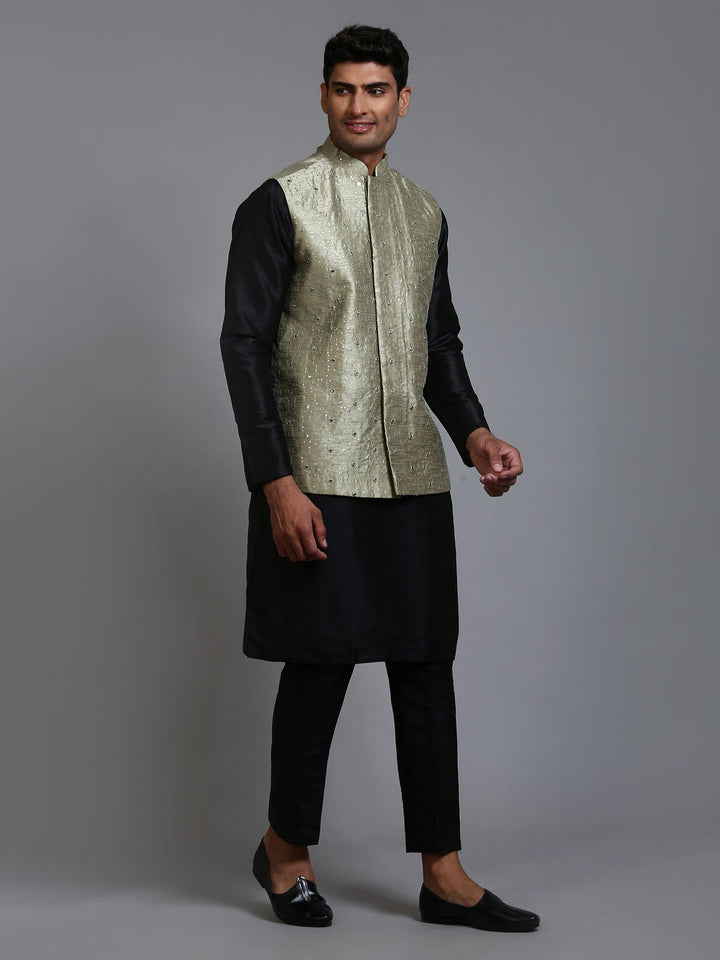 Sarvati Men's Mehndi Green Embellished Jacket with Black Kurta Pant Set