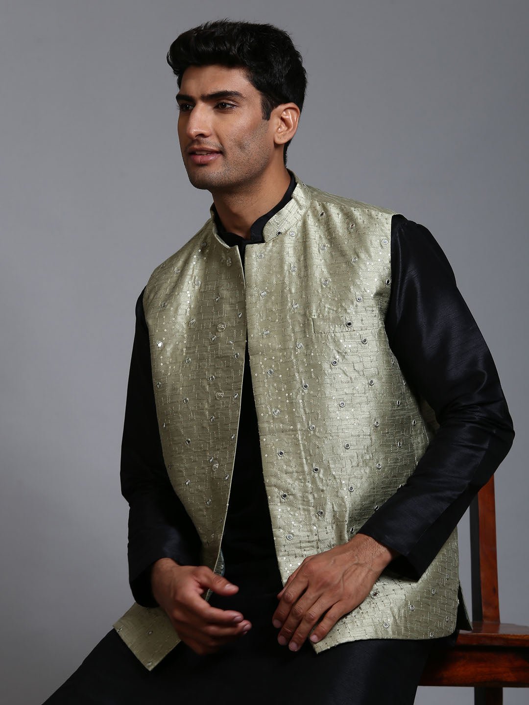 Sarvati Men's Mehndi Green Embellished Jacket with Black Kurta Pant Set