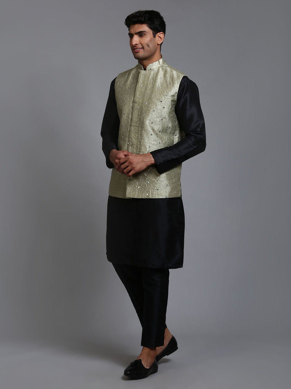 Sarvati Men's Mehndi Green Embellished Jacket with Black Kurta Pant Set