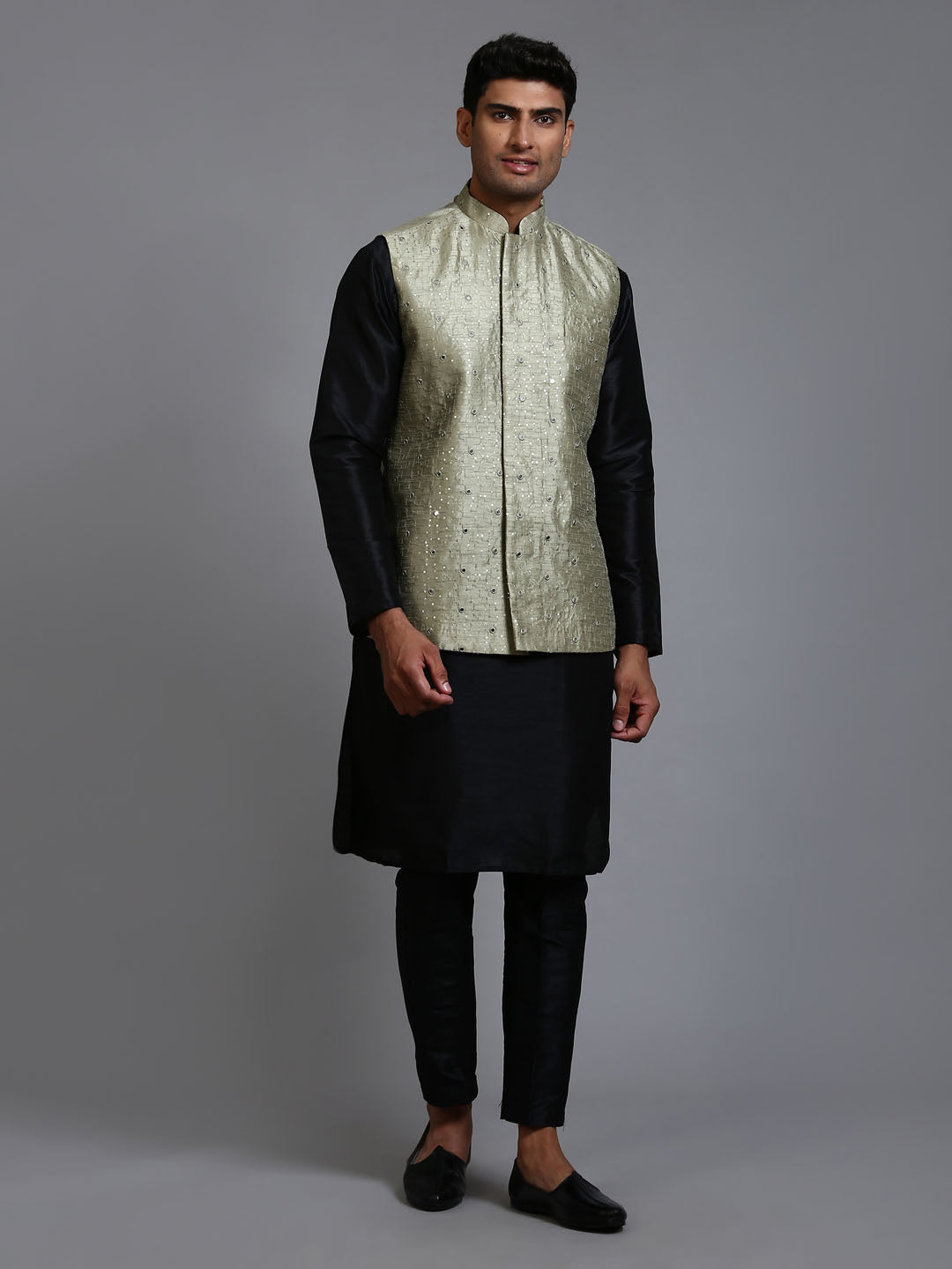 Sarvati Men's Mehndi Green Embellished Jacket with Black Kurta Pant Set