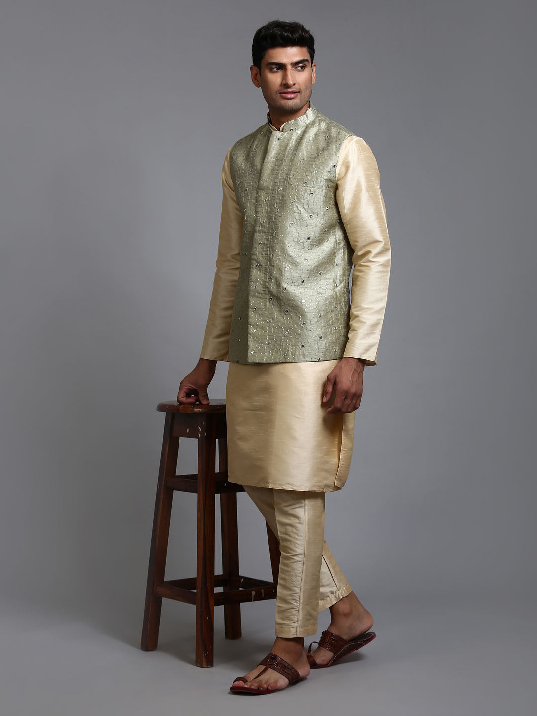 Sarvati Men's Mehndi Green Embellished Jacket with Gold Kurta Pant Set