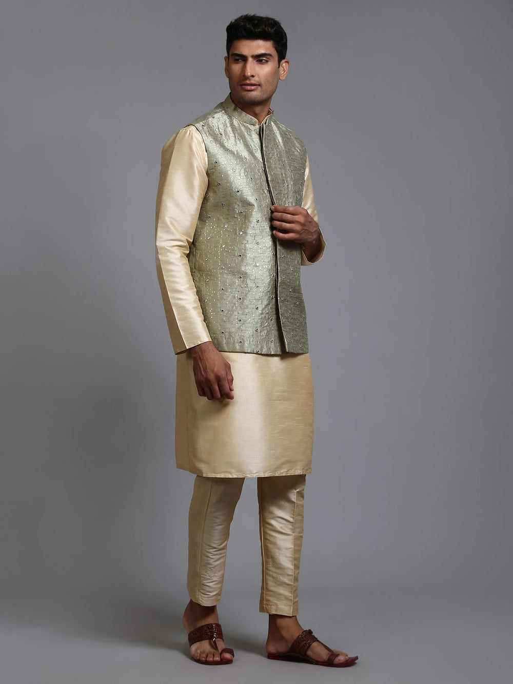 Sarvati Men's Mehndi Green Embellished Jacket with Gold Kurta Pant Set