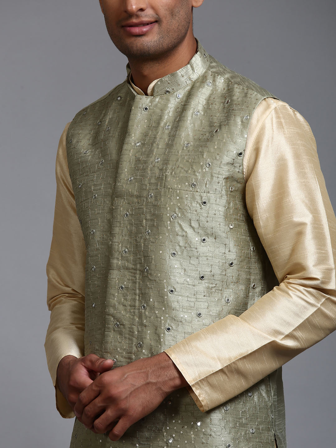 Sarvati Men's Mehndi Green Embellished Jacket with Gold Kurta Pant Set