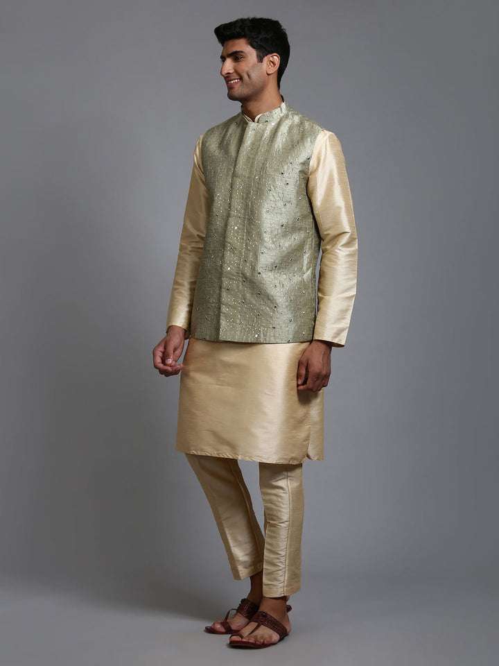 Sarvati Men's Mehndi Green Embellished Jacket with Gold Kurta Pant Set