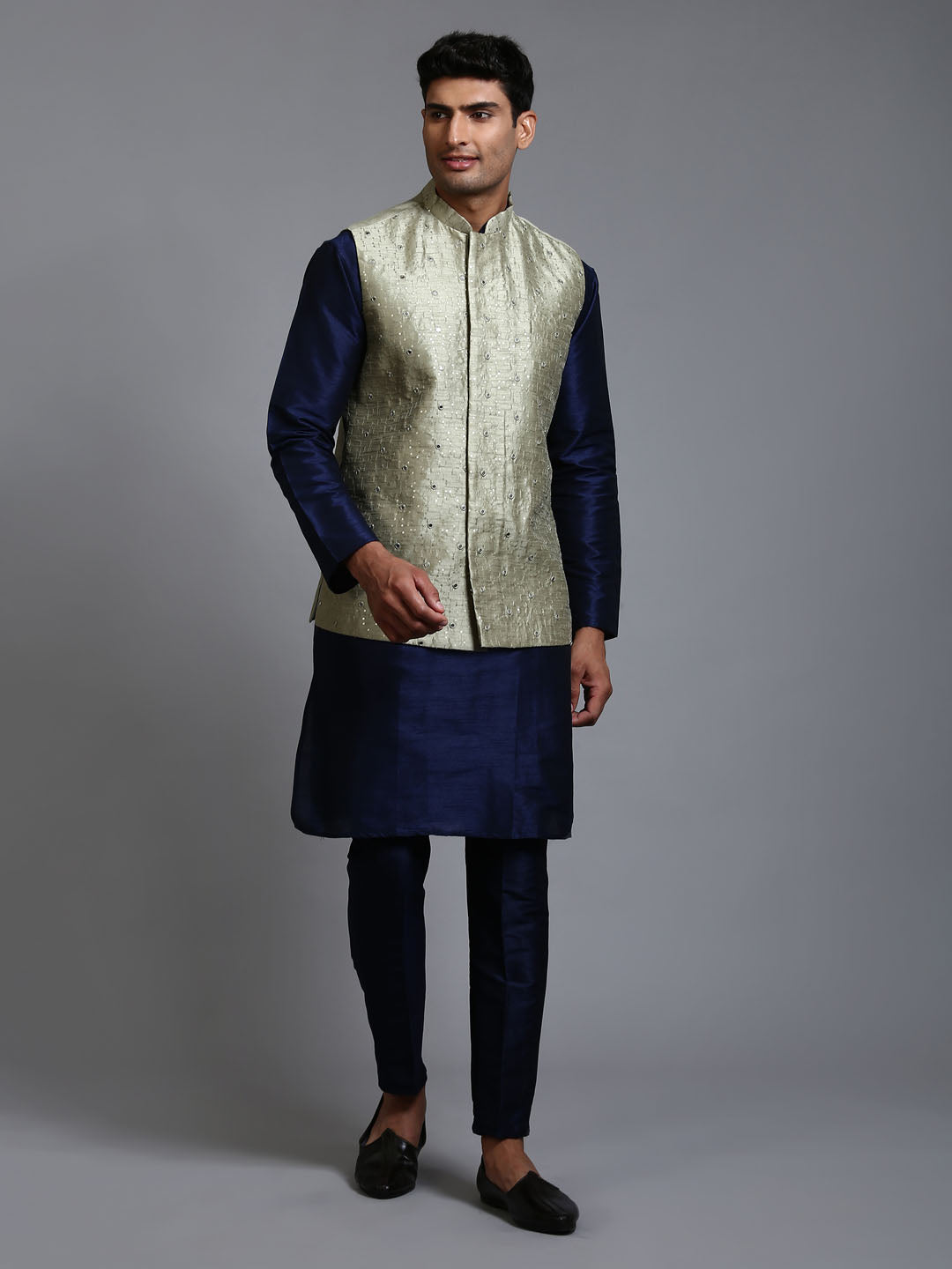 Sarvati Men's Mehndi Green Embellished Jacket with Navy Blue Kurta Pant Set