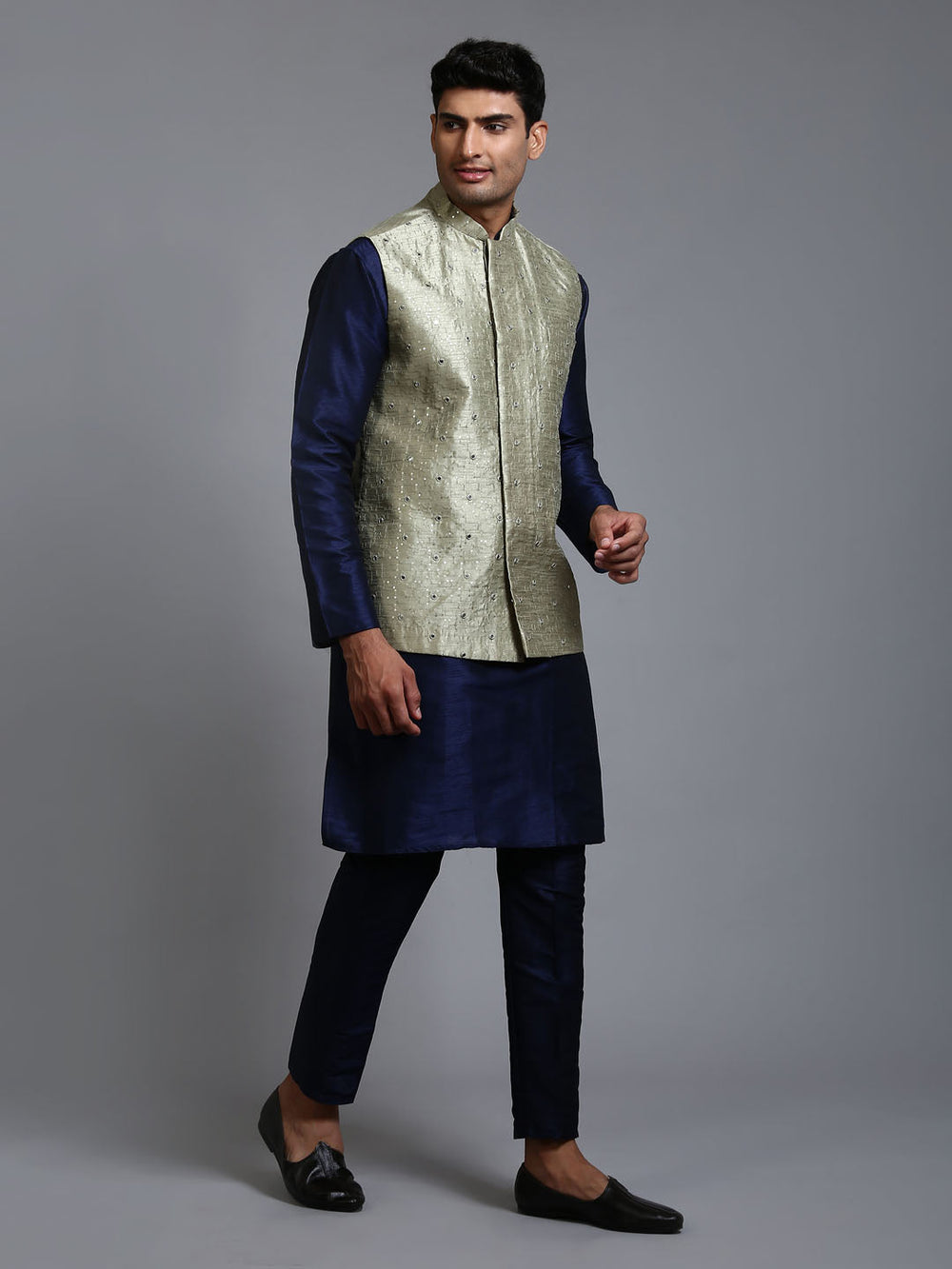 Sarvati Men's Mehndi Green Embellished Jacket with Navy Blue Kurta Pant Set