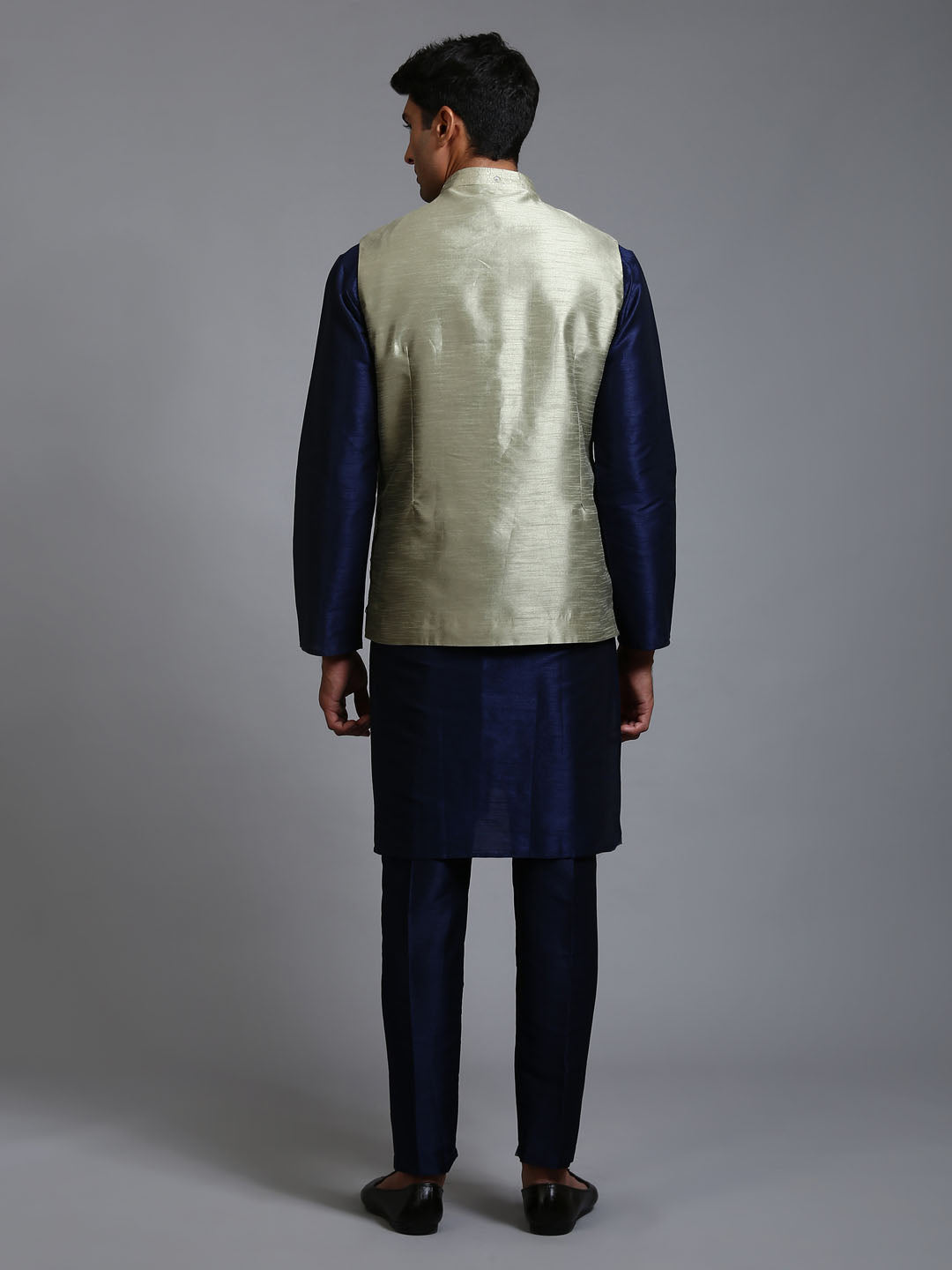 Sarvati Men's Mehndi Green Embellished Jacket with Navy Blue Kurta Pant Set