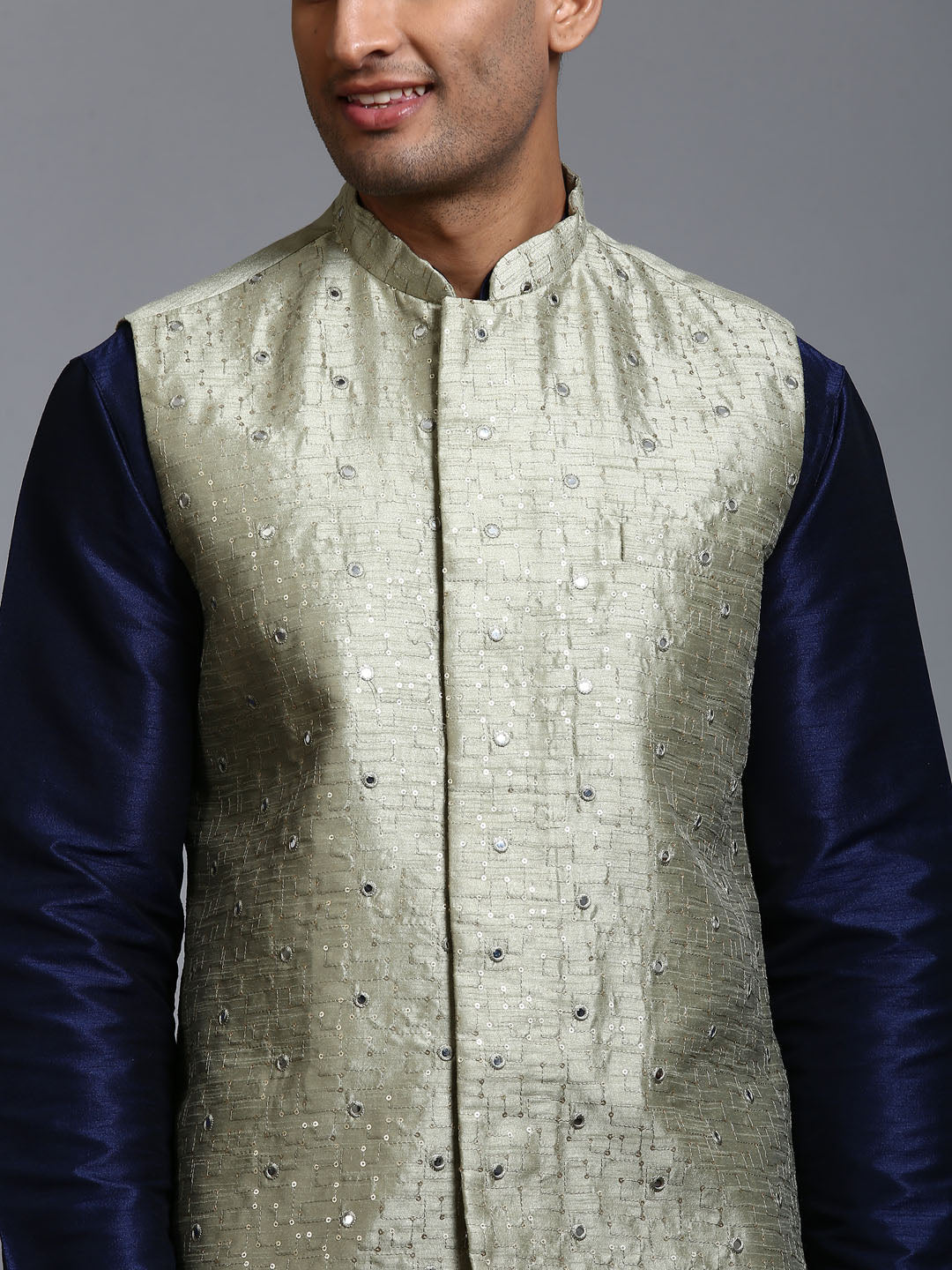 Sarvati Men's Mehndi Green Embellished Jacket with Navy Blue Kurta Pant Set