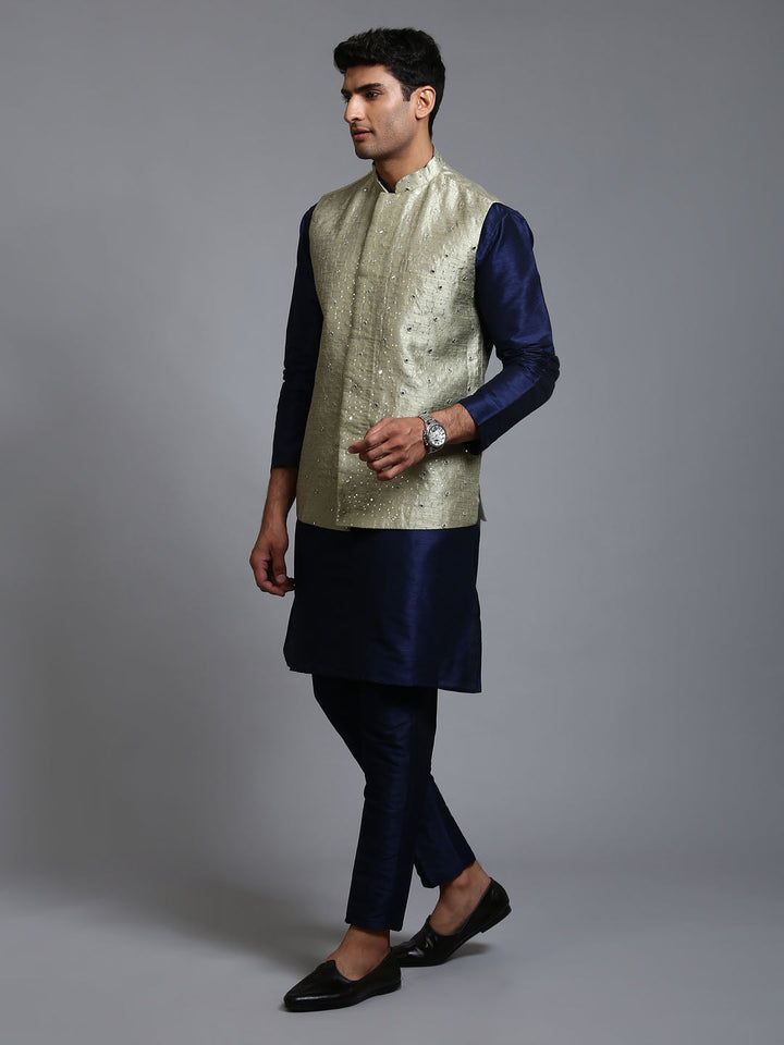 Sarvati Men's Mehndi Green Embellished Jacket with Navy Blue Kurta Pant Set