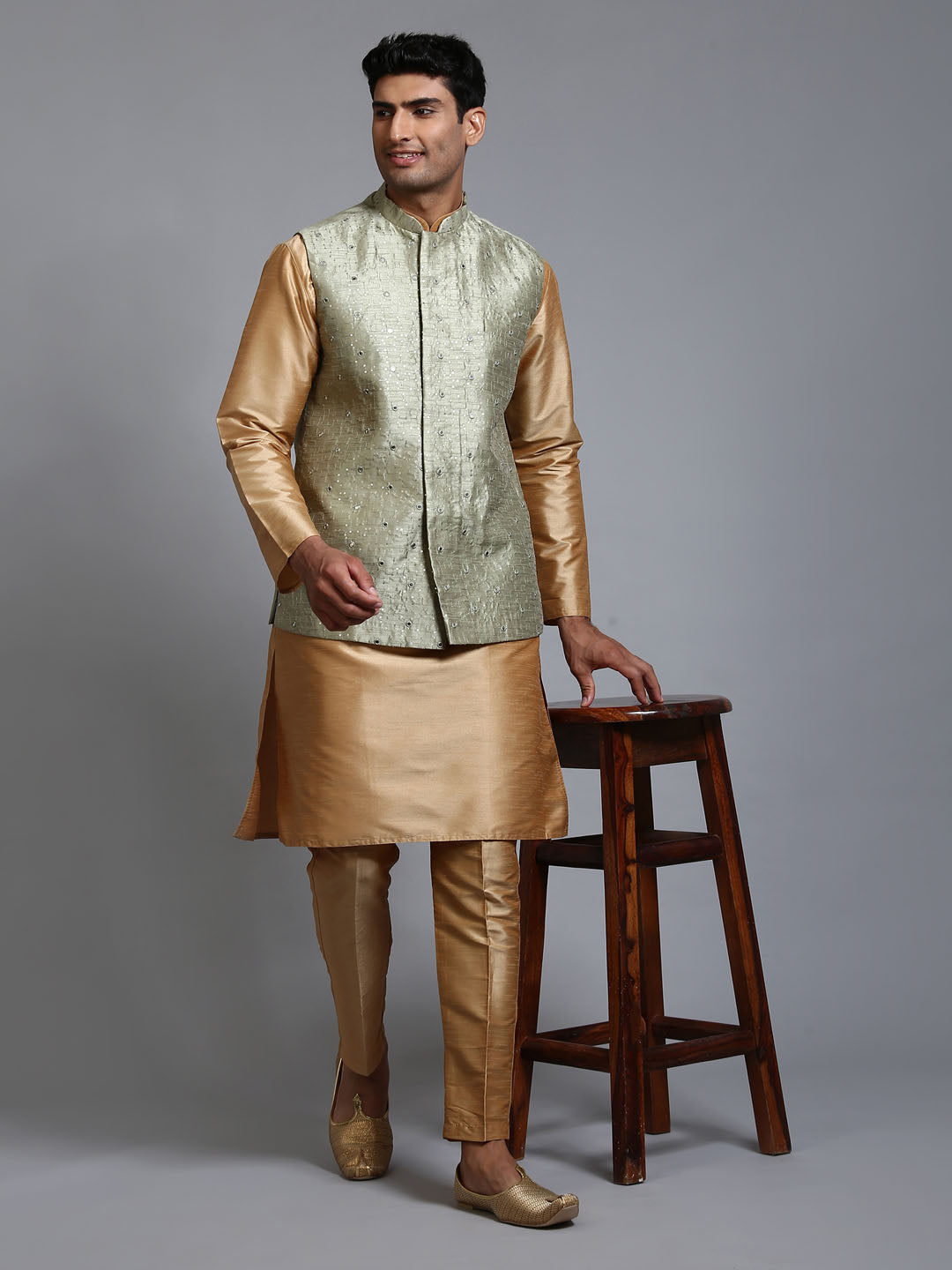 Sarvati Men's Mehndi Green Embellished Jacket with Rose Gold Kurta Pant Set