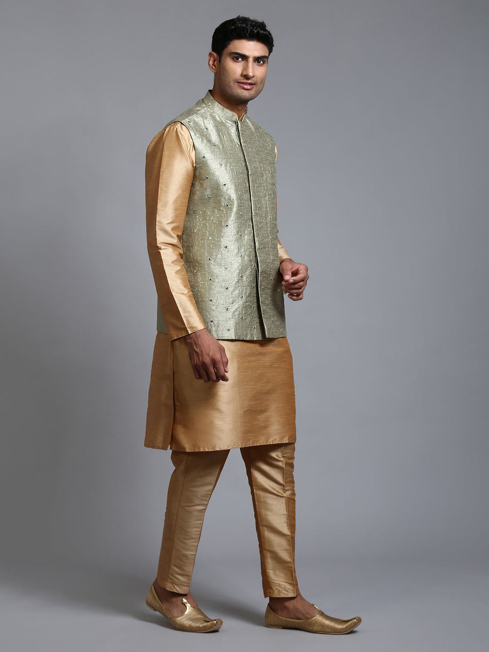 Sarvati Men's Mehndi Green Embellished Jacket with Rose Gold Kurta Pant Set