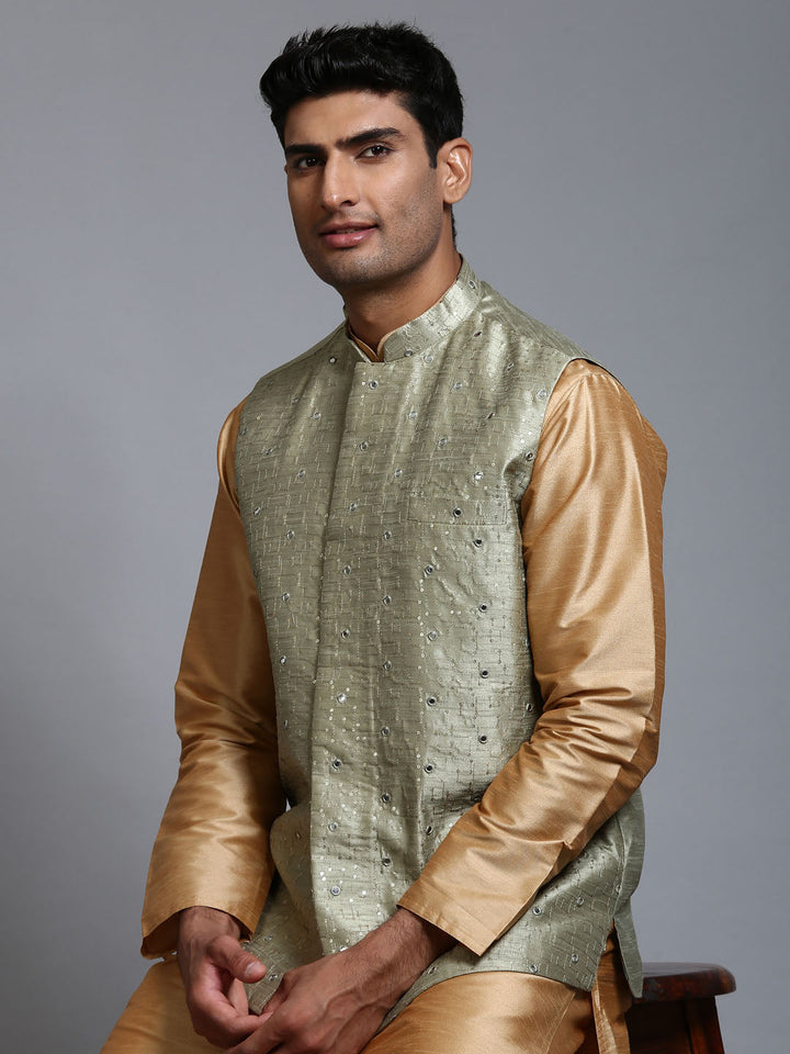 Sarvati Men's Mehndi Green Embellished Jacket with Rose Gold Kurta Pant Set