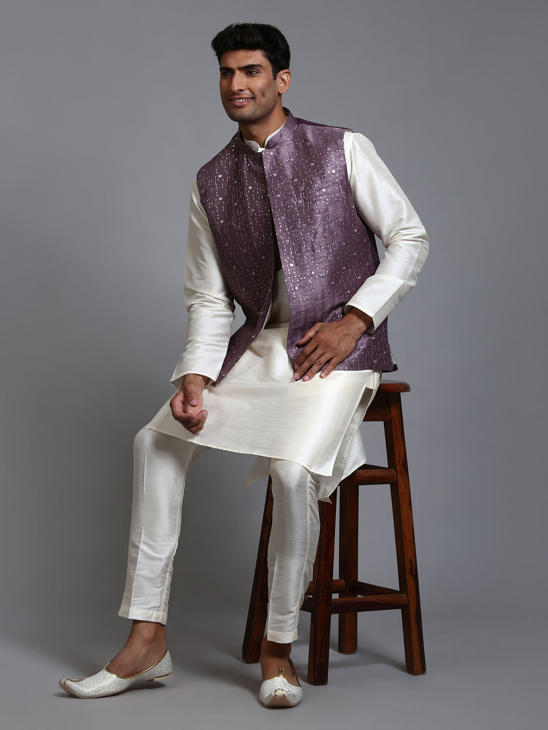 Sarvati Men's Purple Embellished Jacket with Cream Kurta Pant Set