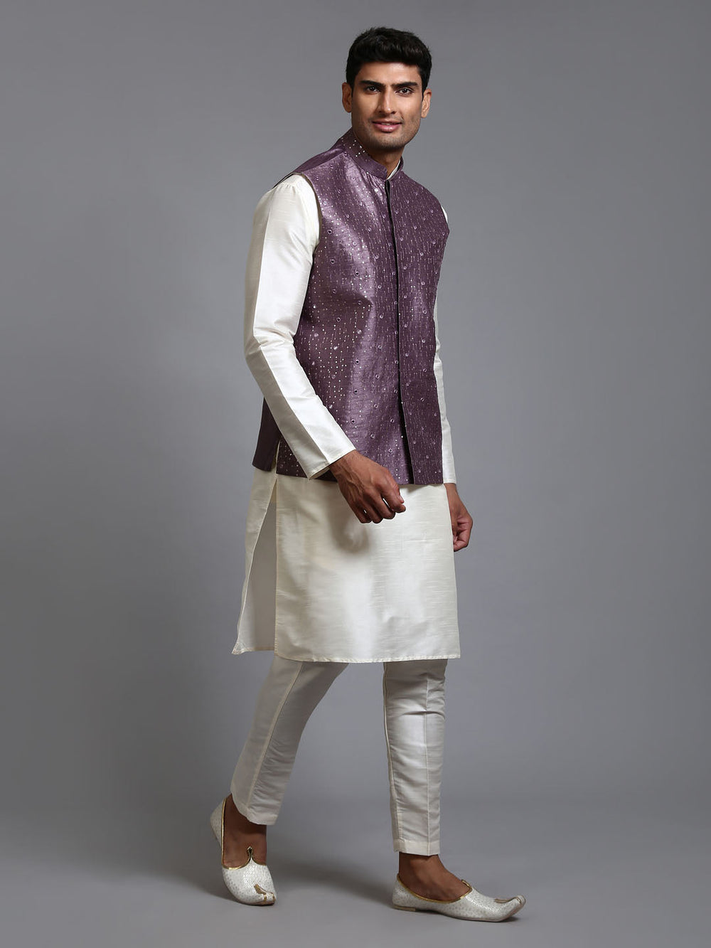 Sarvati Men's Purple Embellished Jacket with Cream Kurta Pant Set