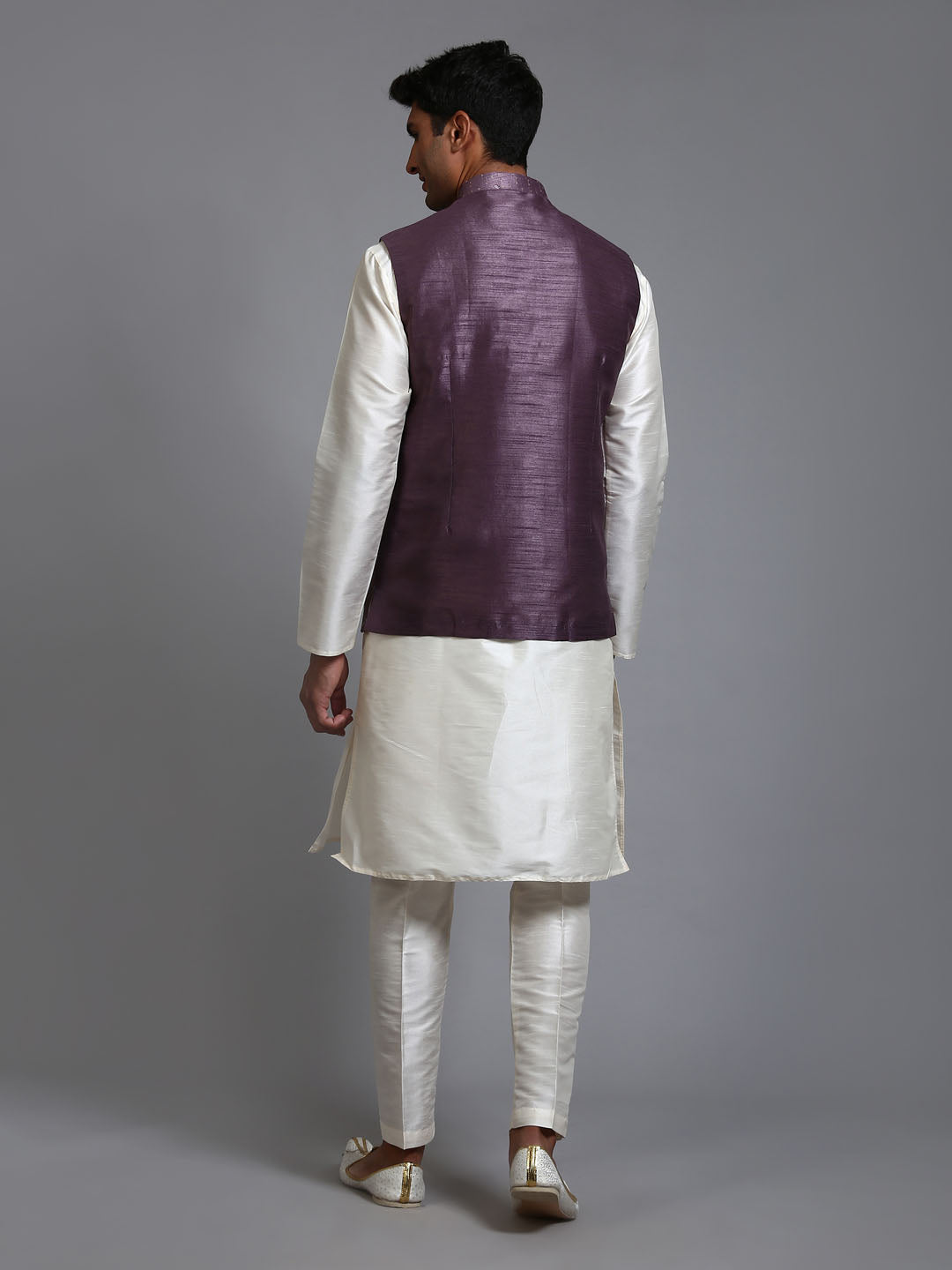 Sarvati Men's Purple Embellished Jacket with Cream Kurta Pant Set