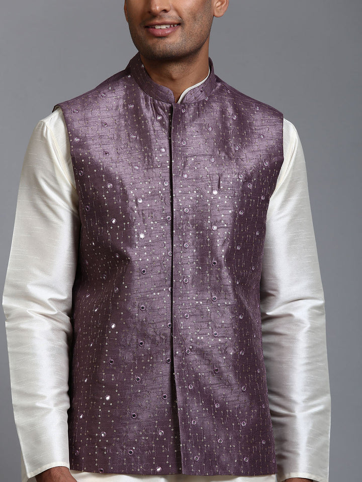 Sarvati Men's Purple Embellished Jacket with Cream Kurta Pant Set