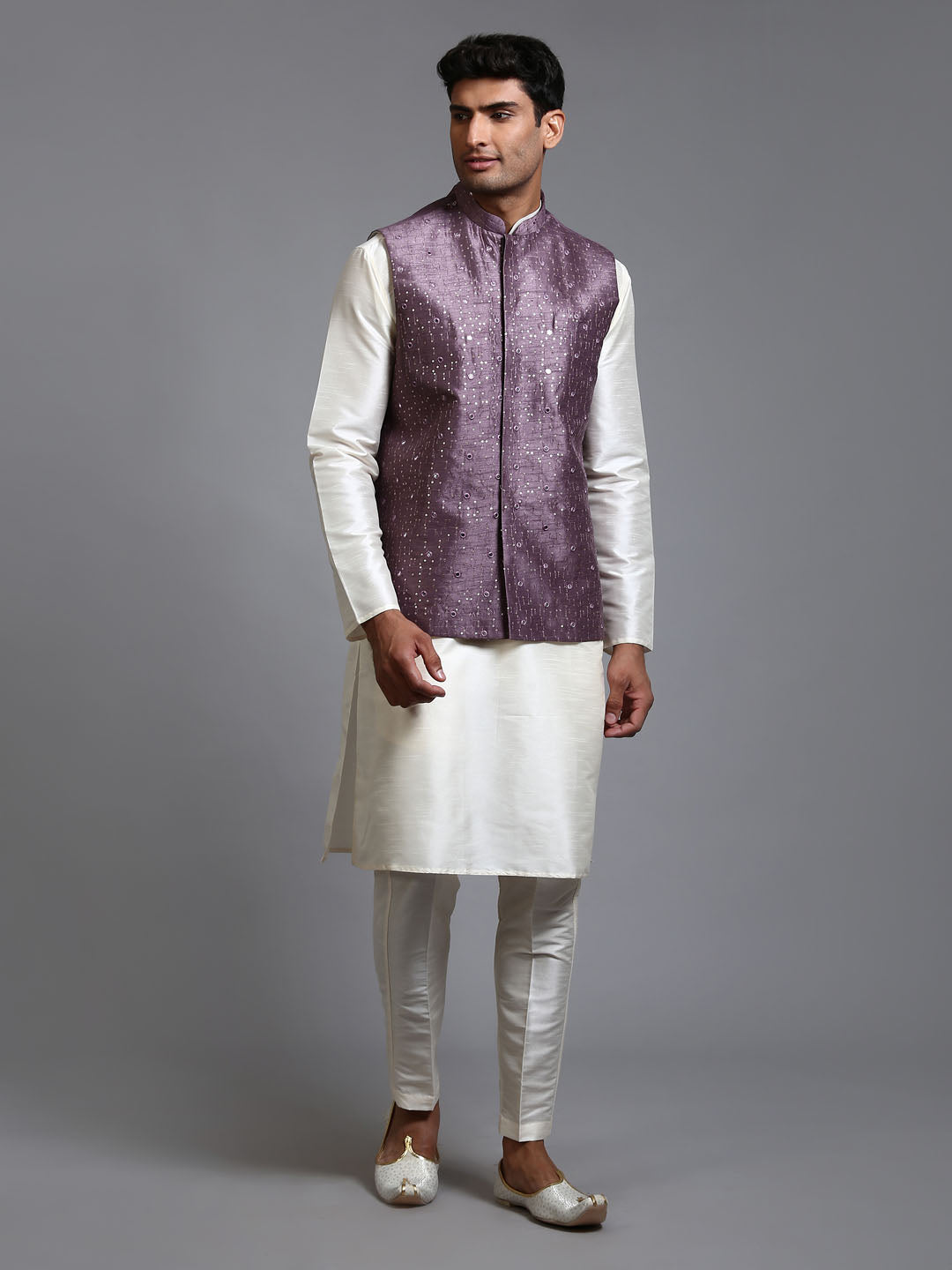 Sarvati Men's Purple Embellished Jacket with Cream Kurta Pant Set