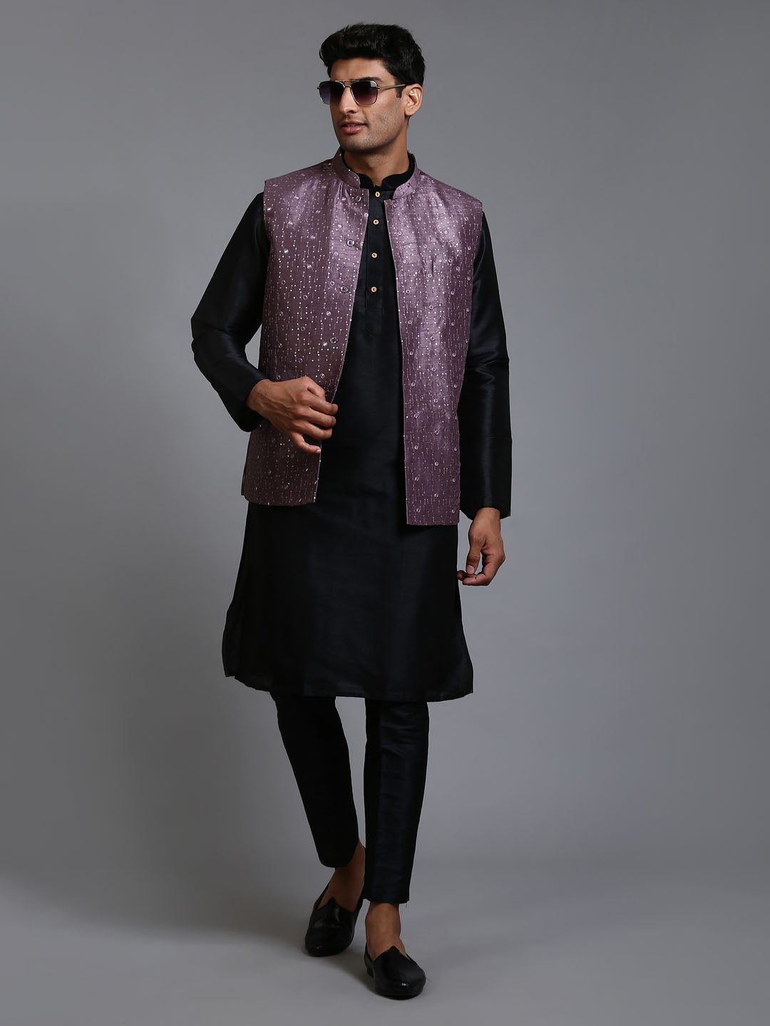 Sarvati Men's Purple Embellished Jacket with Black Kurta Pant Set