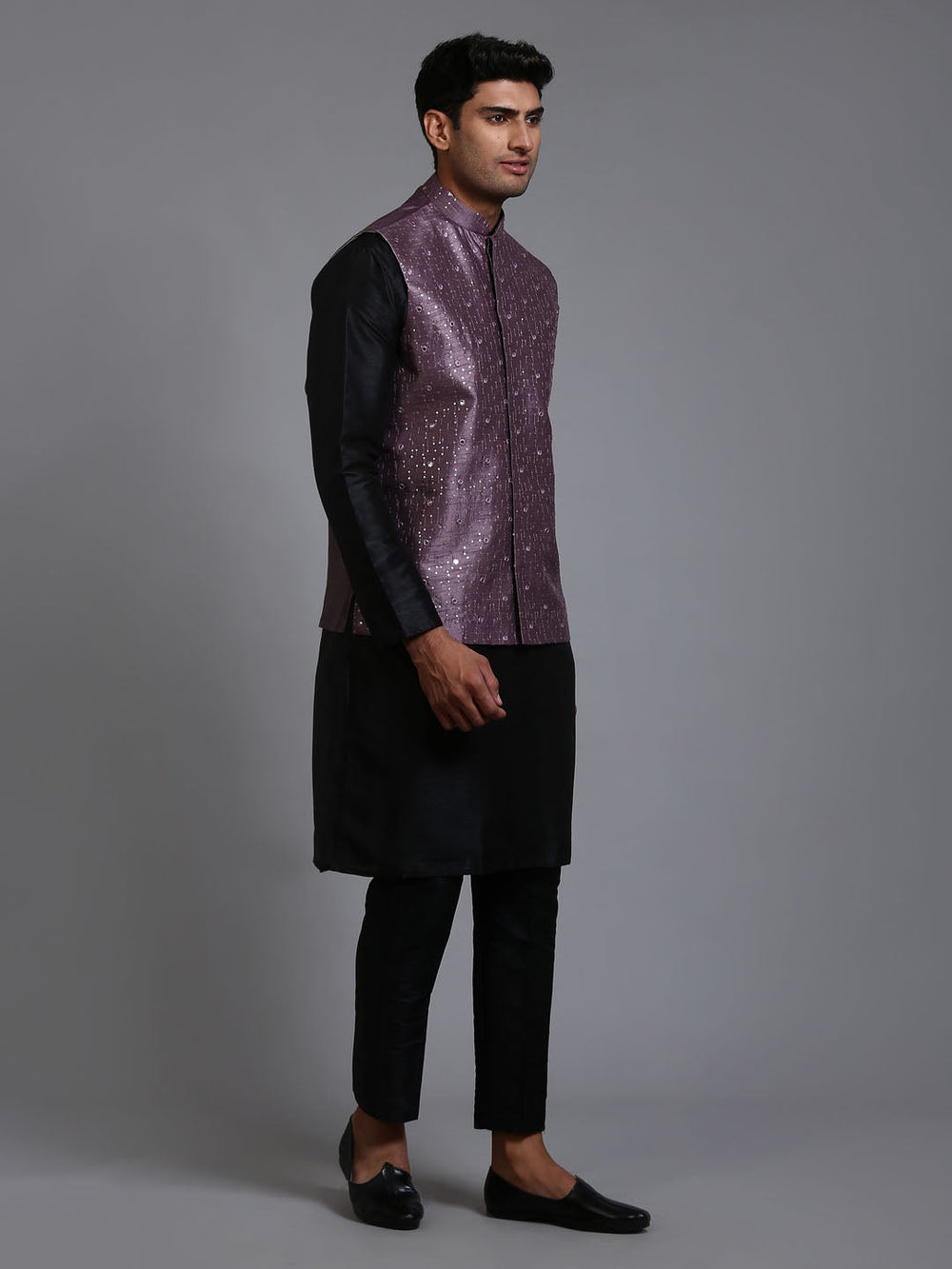 Sarvati Men's Purple Embellished Jacket with Black Kurta Pant Set