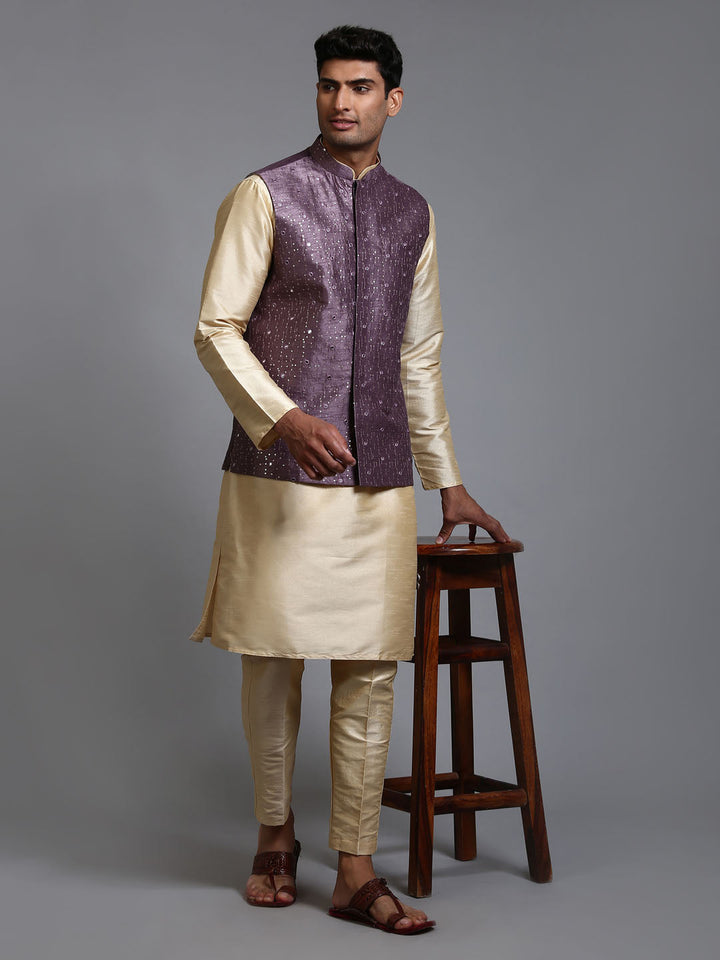 Sarvati Men's Purple Embellished Jacket with Gold Kurta Pant Set