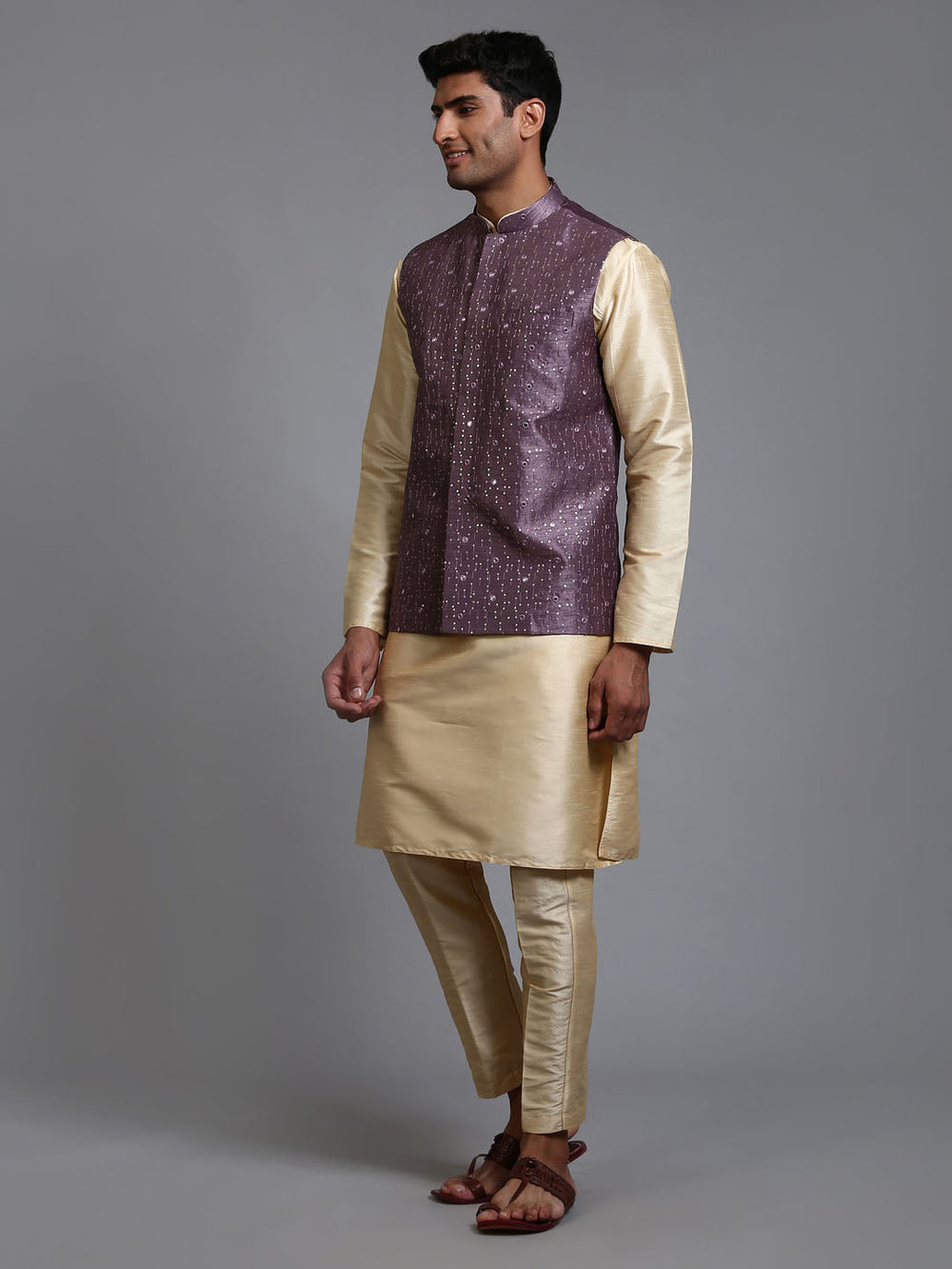 Sarvati Men's Purple Embellished Jacket with Gold Kurta Pant Set