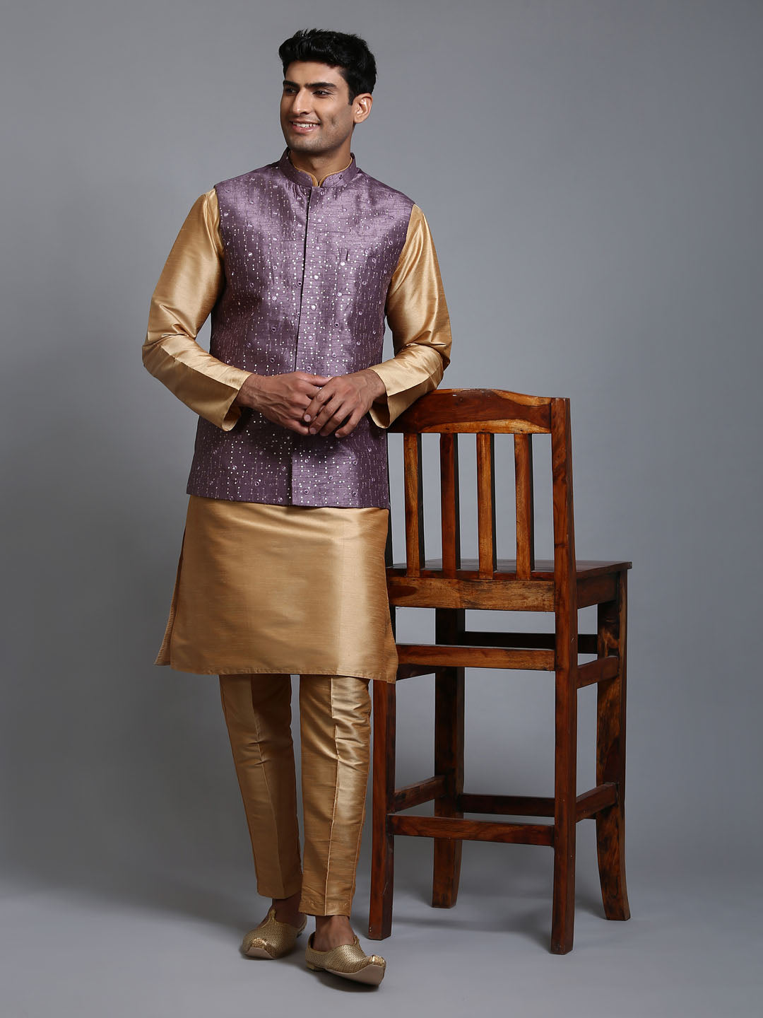 Sarvati Men's Purple Embellished Jacket with Rose Gold Kurta Pant Set