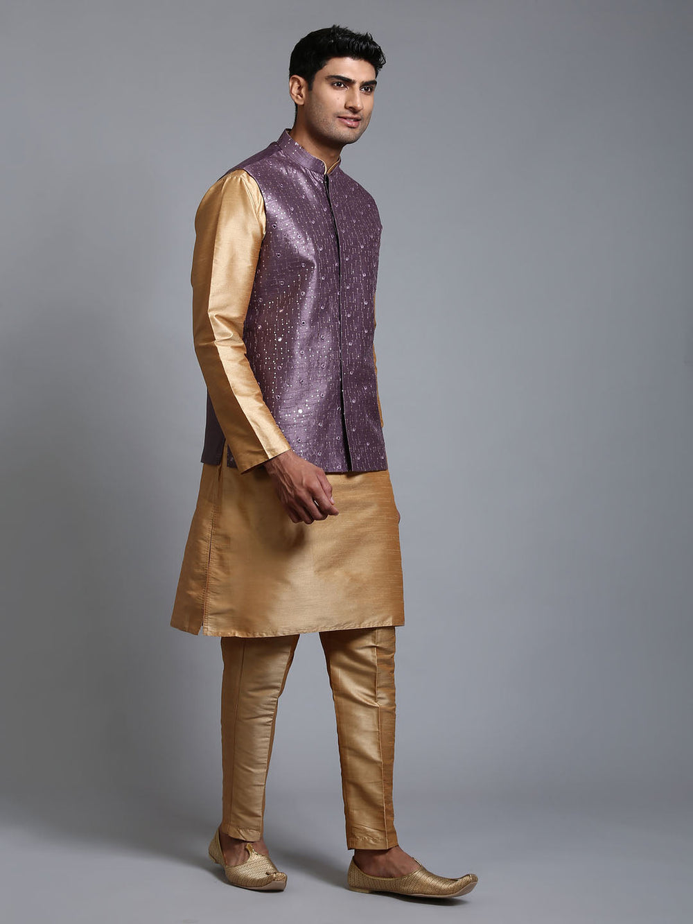 Sarvati Men's Purple Embellished Jacket with Rose Gold Kurta Pant Set