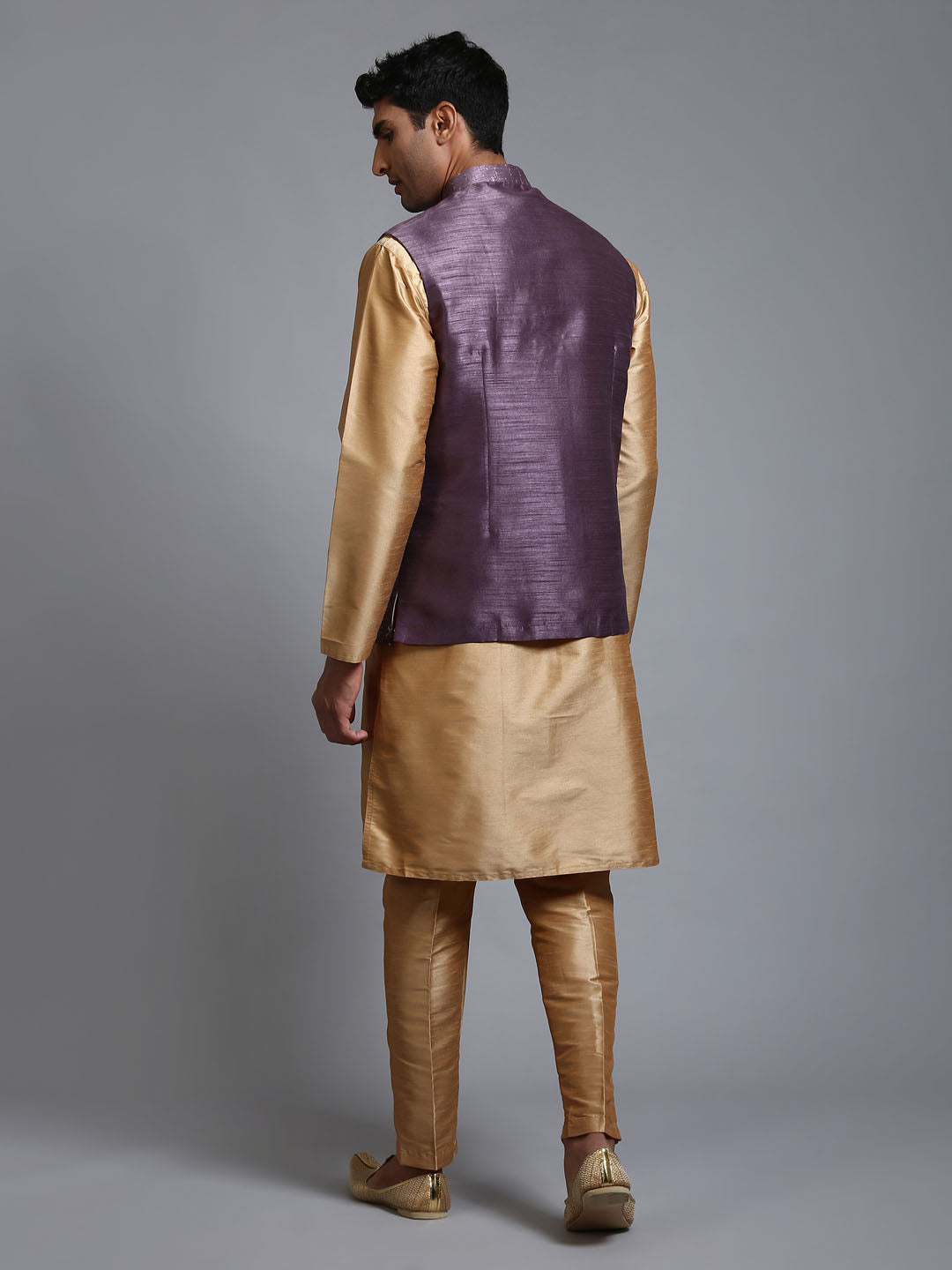 Sarvati Men's Purple Embellished Jacket with Rose Gold Kurta Pant Set