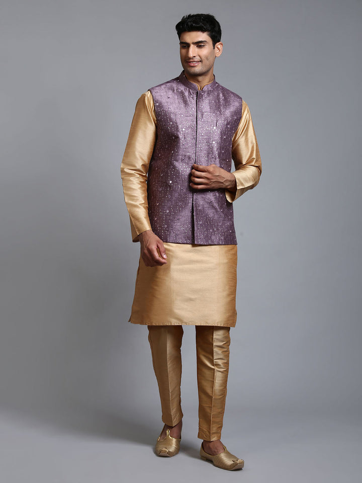 Sarvati Men's Purple Embellished Jacket with Rose Gold Kurta Pant Set